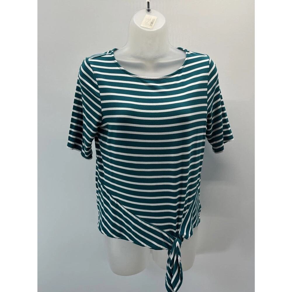 CHICO'S 0 Small Short Sleeve Tie Front Striped Top Green White